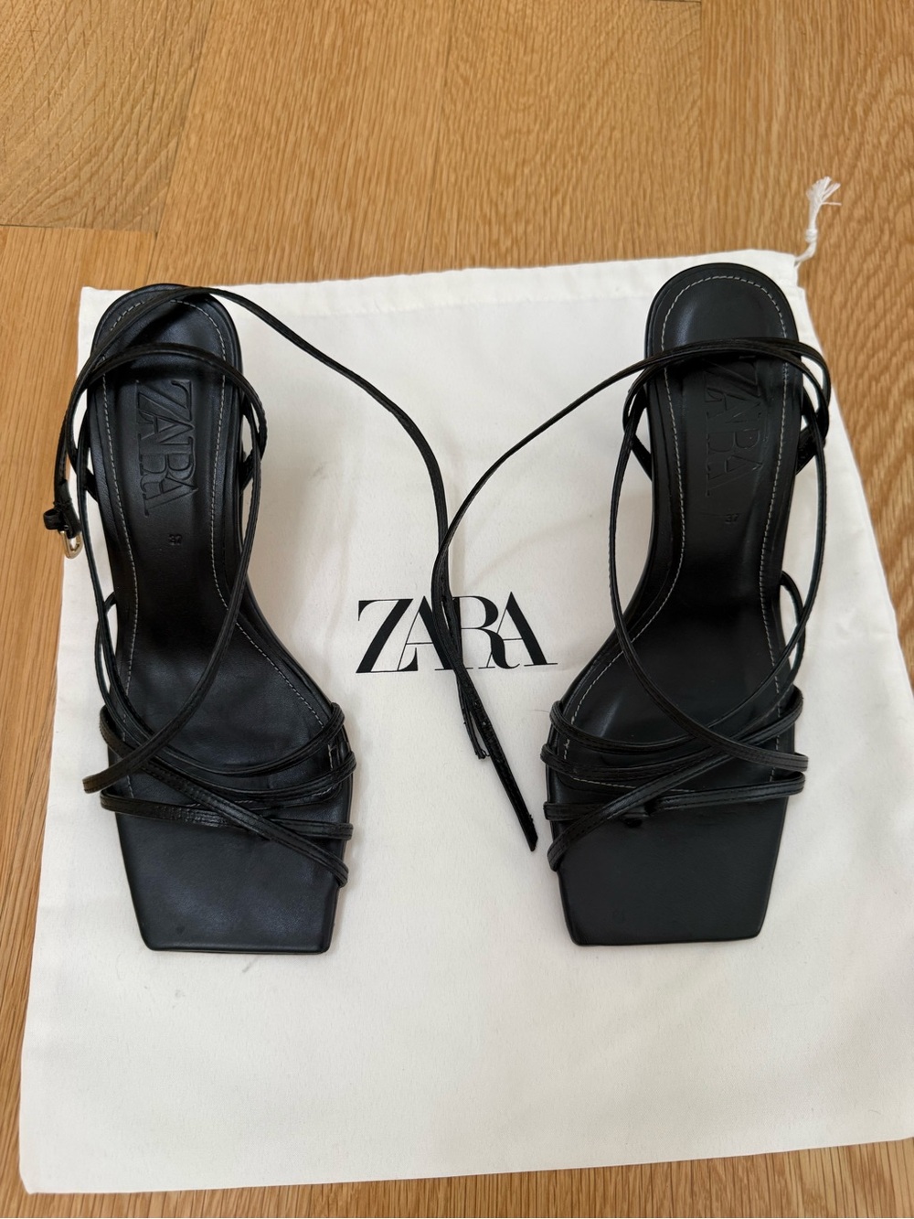 Zara Strappy Square-Toe Black Heeled Sandals, Size 6 1/2. Made in Spain - Picture 3 of 11
